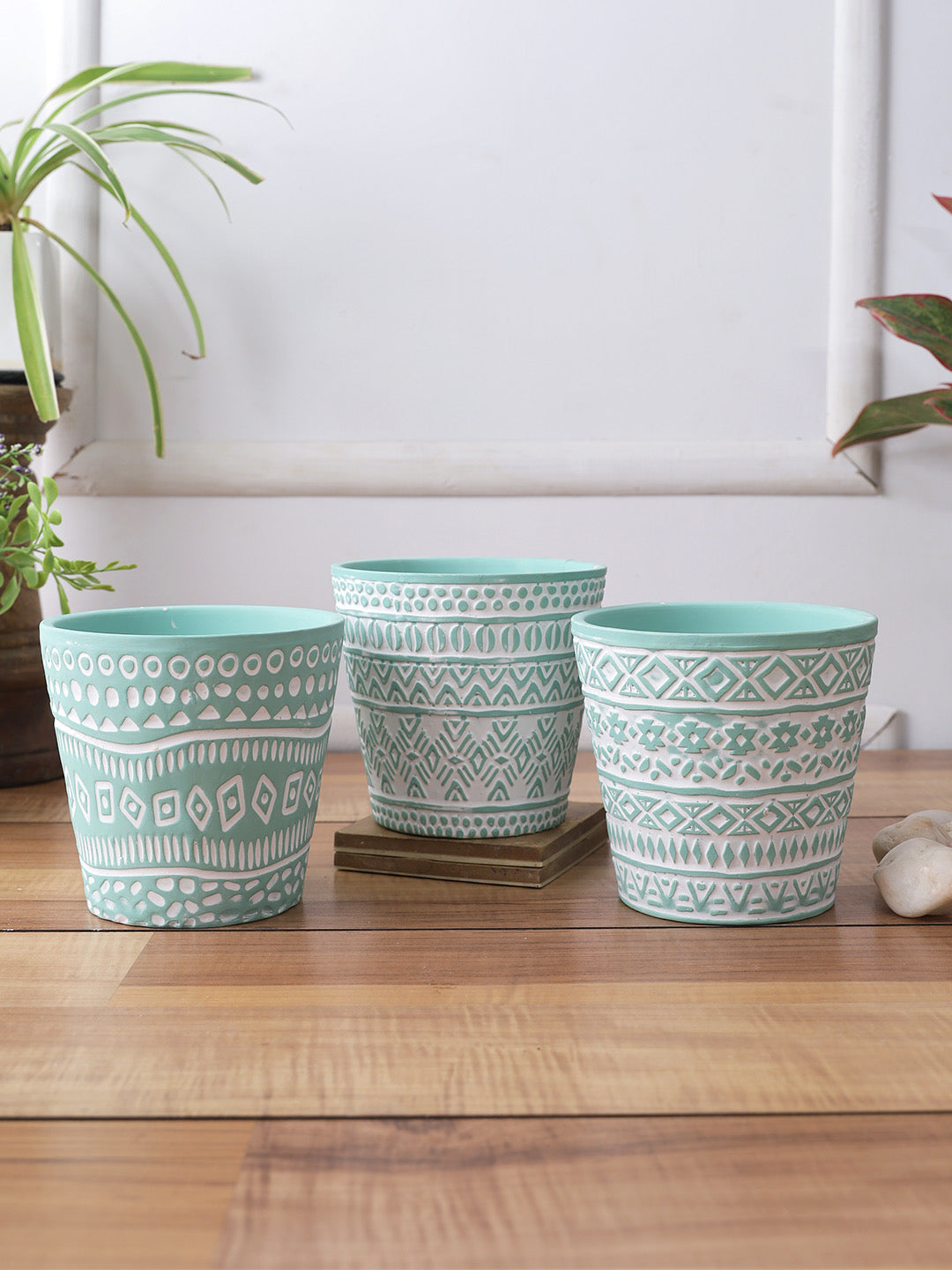Set of 3 bright colored Planters with white tribal design - Default Title (CH210106_3)