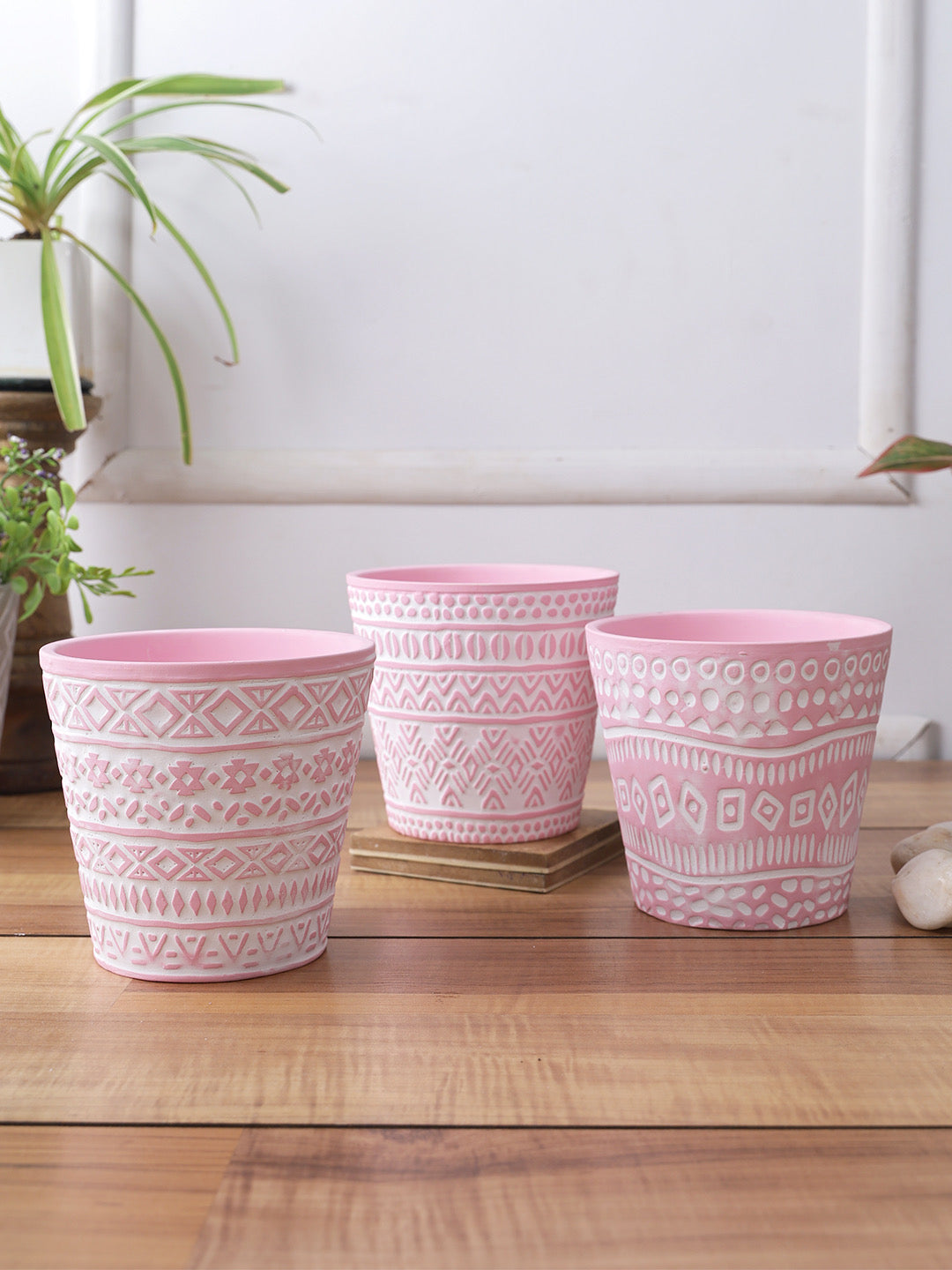 Set of 3 bright colored Planters with white tribal design - Default Title (CH210110_3)
