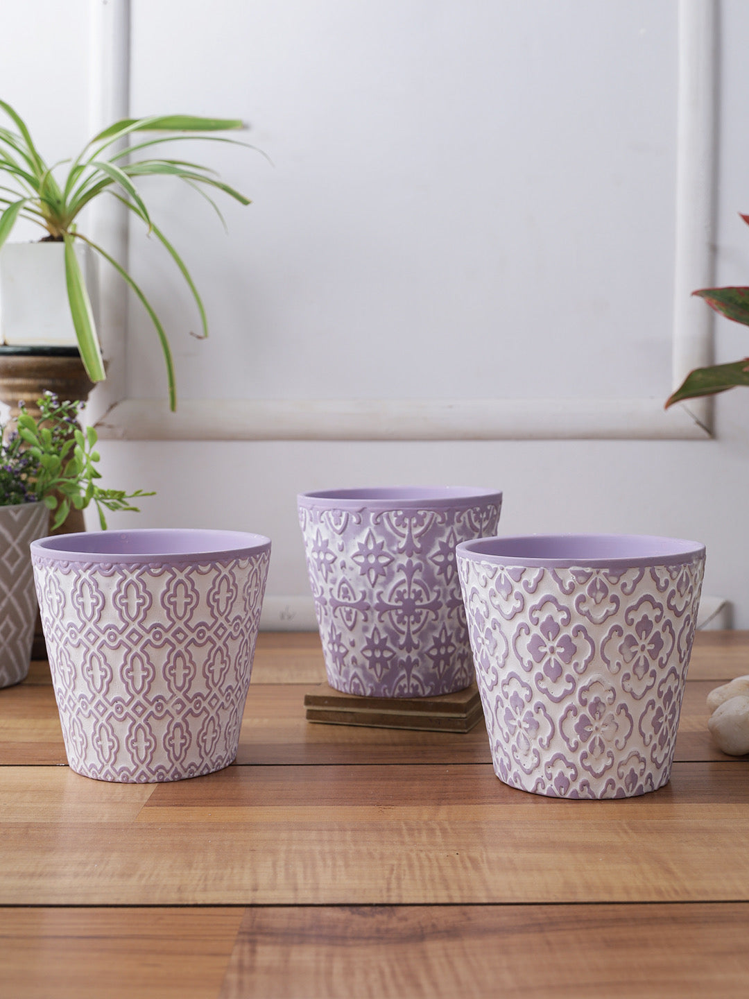 Set of 3 Purple colored Planters with white tribal design - Default Title (CH210114_3)