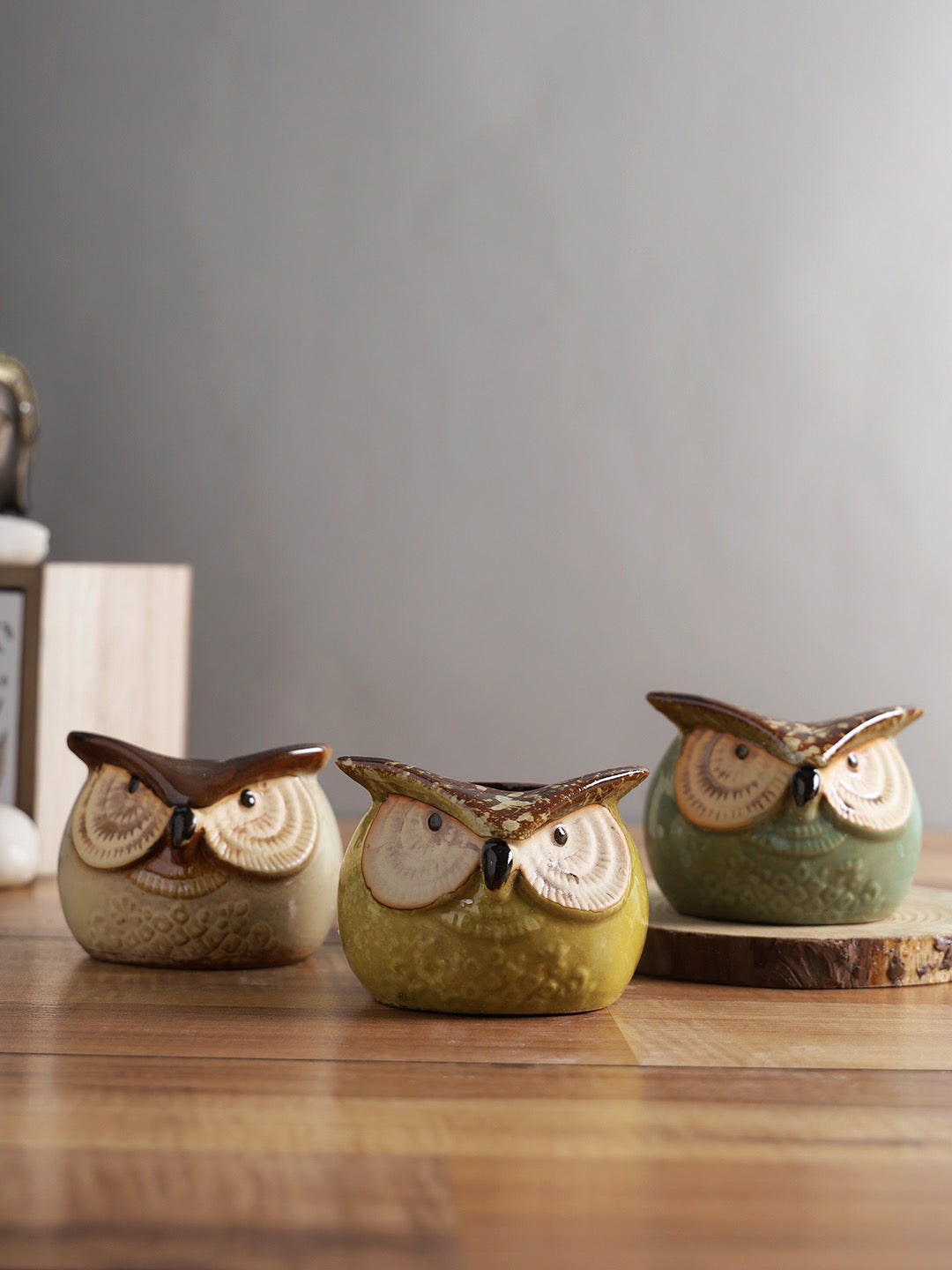 Multicolor Owl Design Ceramic Pot - Set of 3 - Default Title (CH22390B_3)
