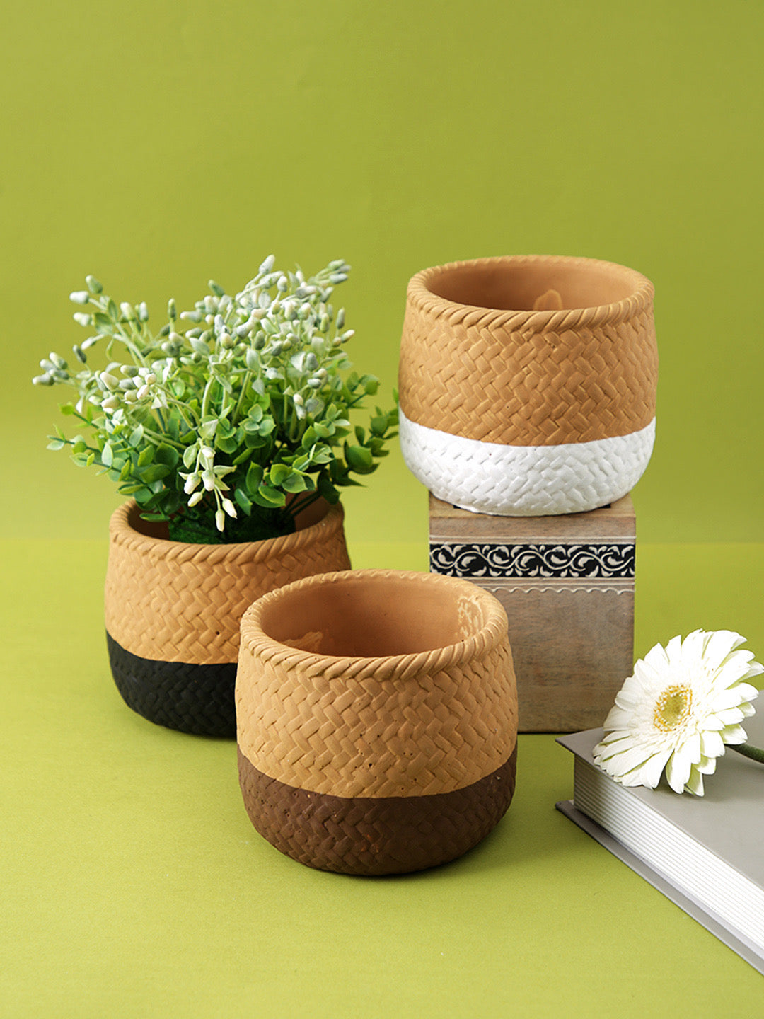 Set of 3 Jute Texture Ceramic Planter - Default Title (CHC22333_3)