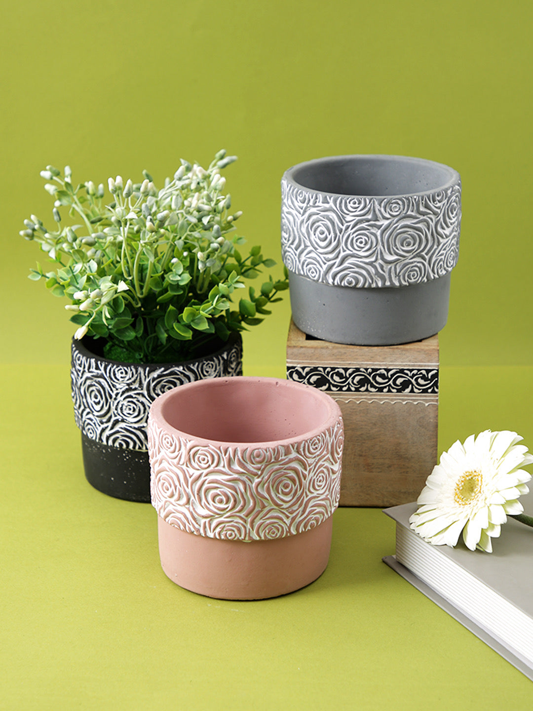Flower Texture Ceramic Planter Set of 3 - Default Title (CHC22341_3)