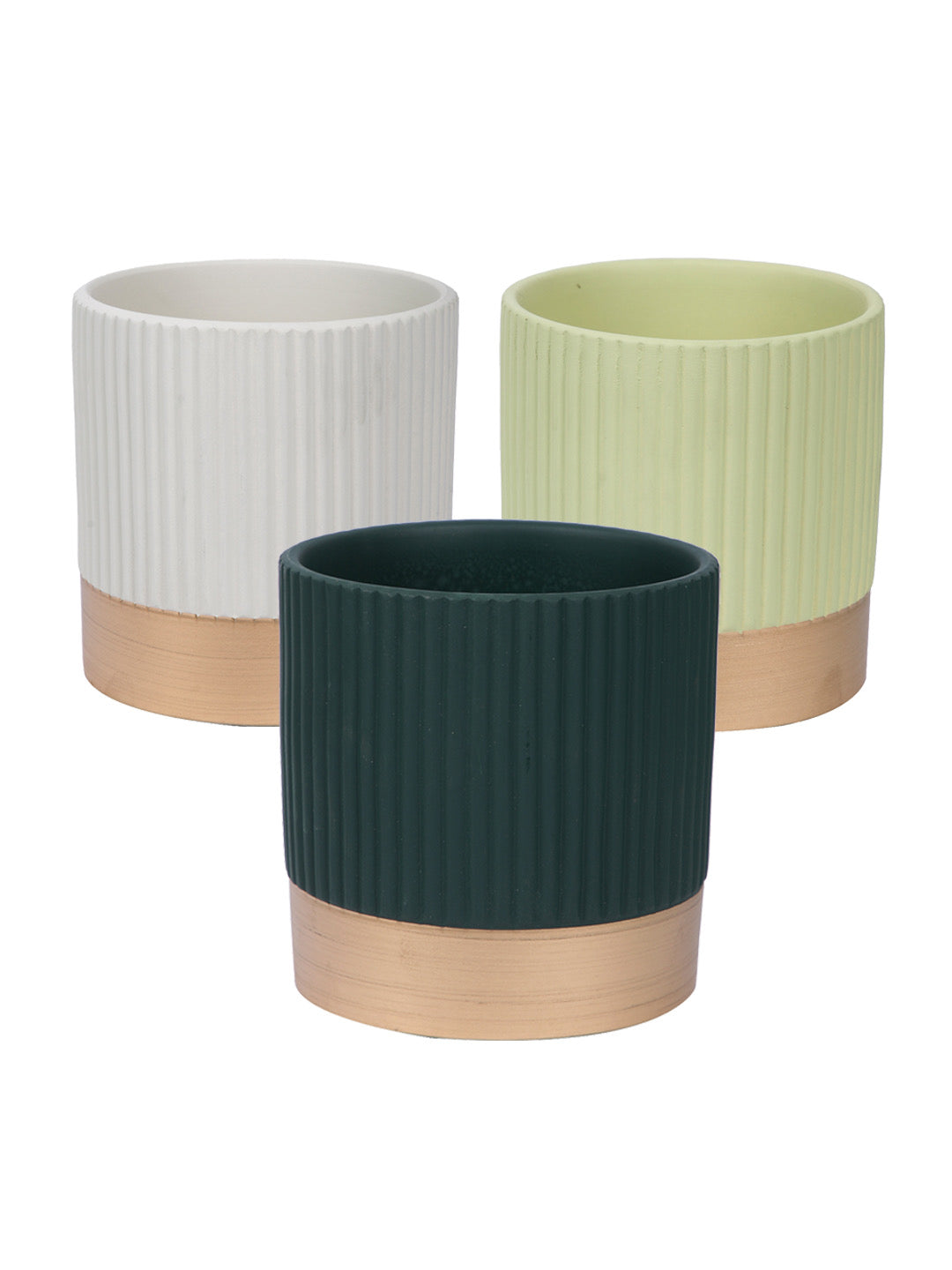 Fluted Design Ceramic Planter with Golden Border Set of 3 - Default Title (CHC22506_3)