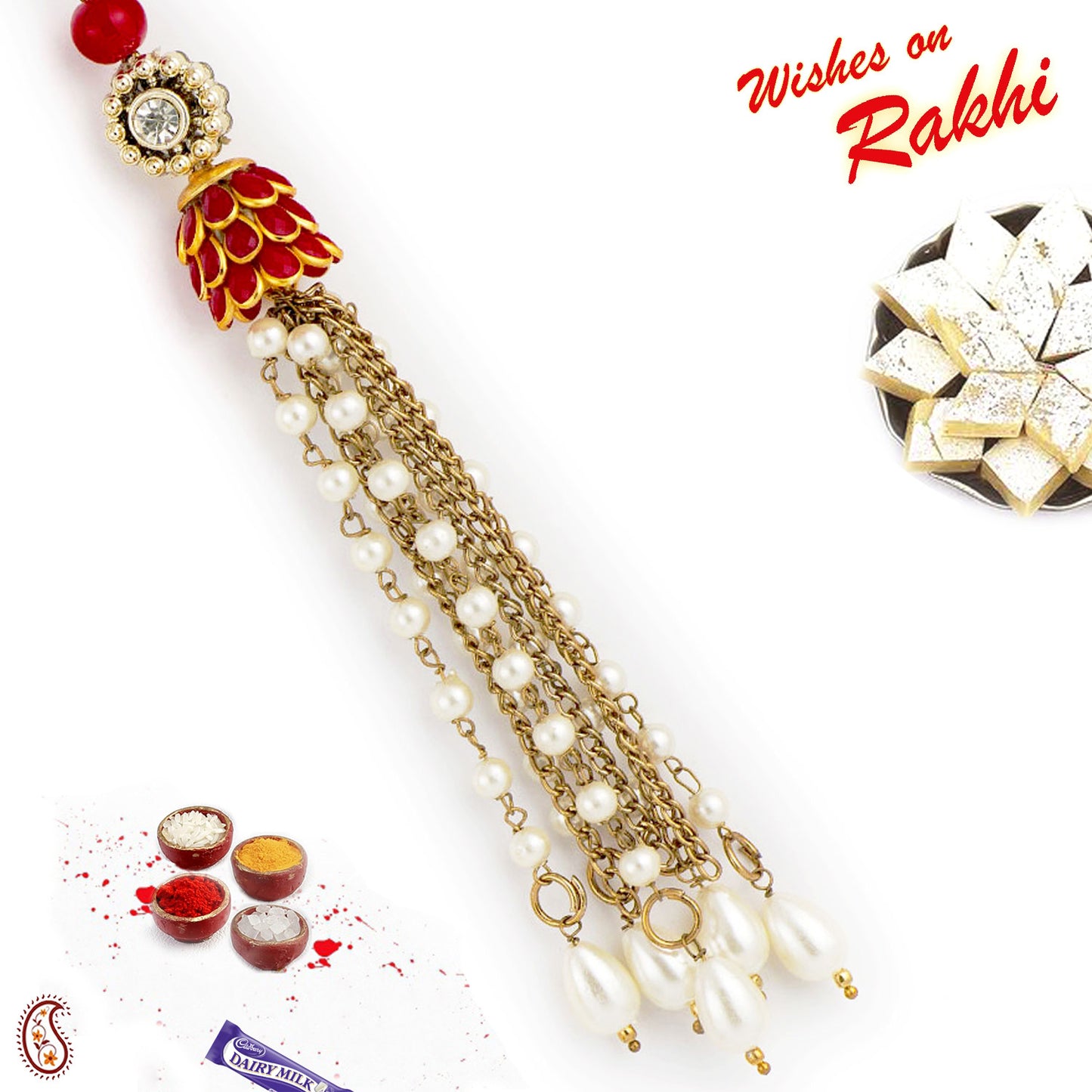 Aapno Rajasthan AD & White Beads Embellished Lumba Rakhi - Default Title (LM171180)