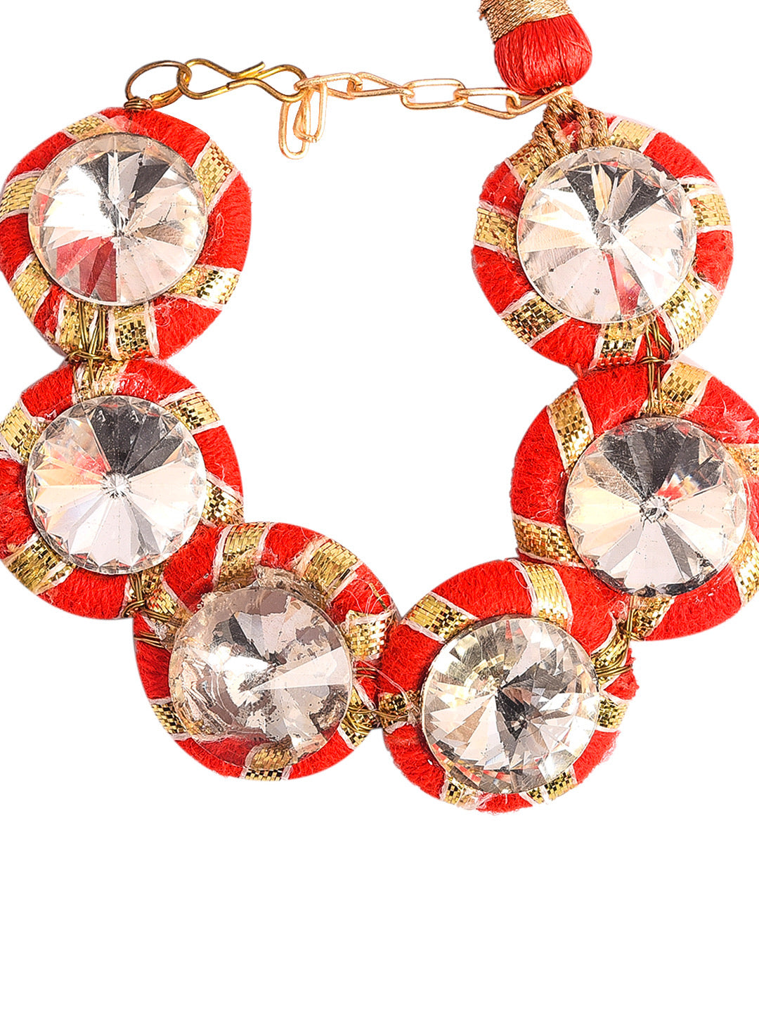 Aapno Rajasthan AD stud Red Gota Traditional Lumba Rakhi with Golden Beads - Only Rakhi (LM1903_J23)