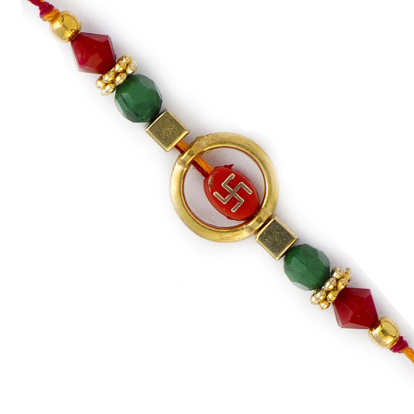 Aapno Rajasthan Swastik Design Red & Green Beads Mauli Thread Rakhi - Default Title (PRS1714)