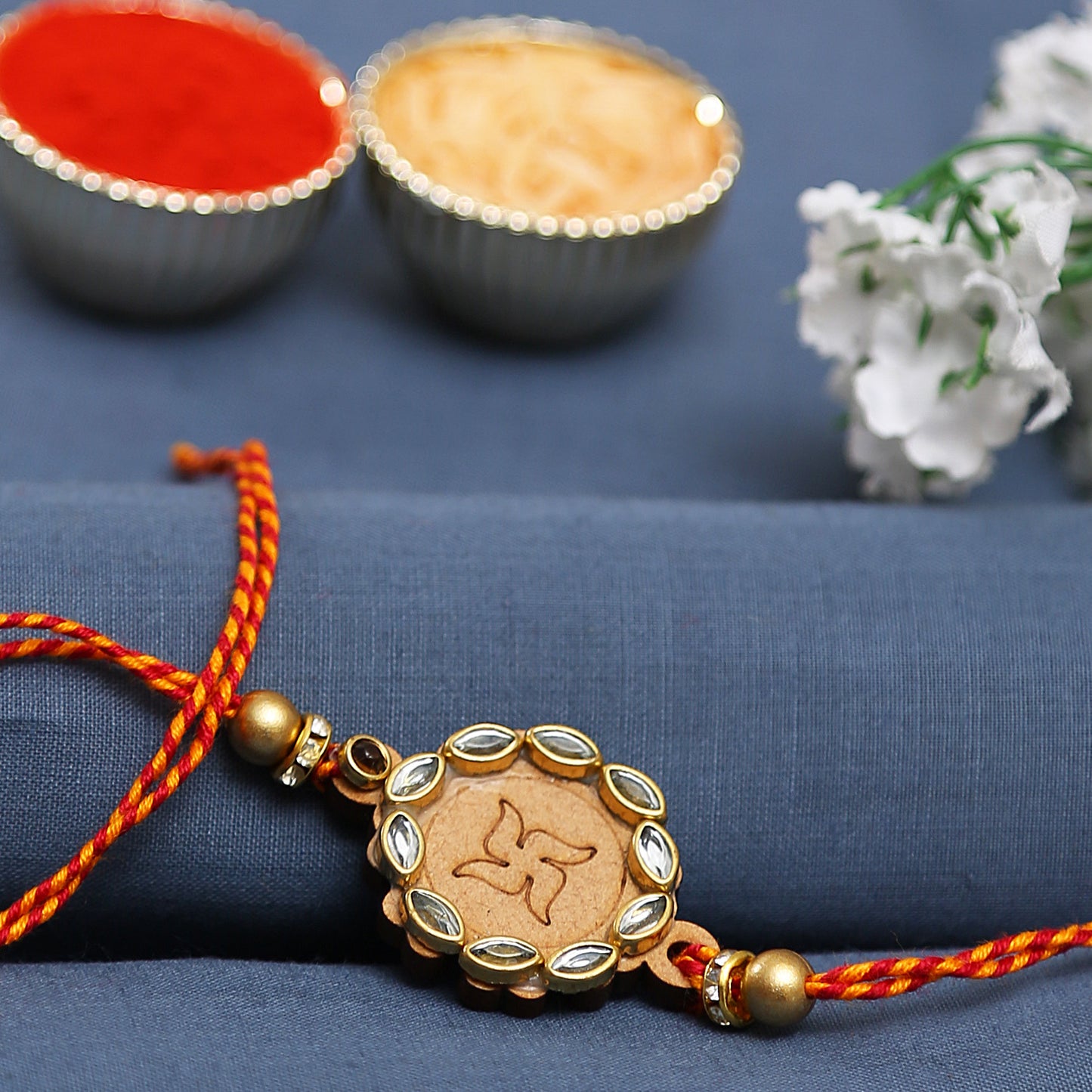 Aapno Rajasthan Round Shape Kundan Swastik Rakhi - Default Title (PRS1904)