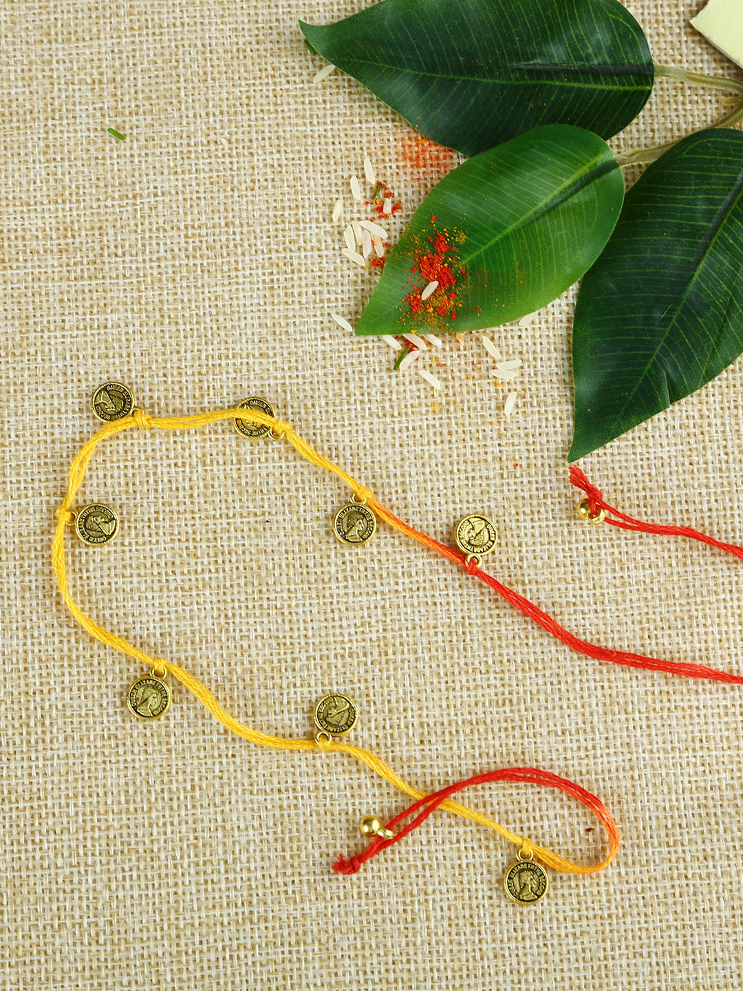 Handcrafted Mauli Rakhi with Hanging Small Golden Ancient Style Coins - Default Title (PRS21035)