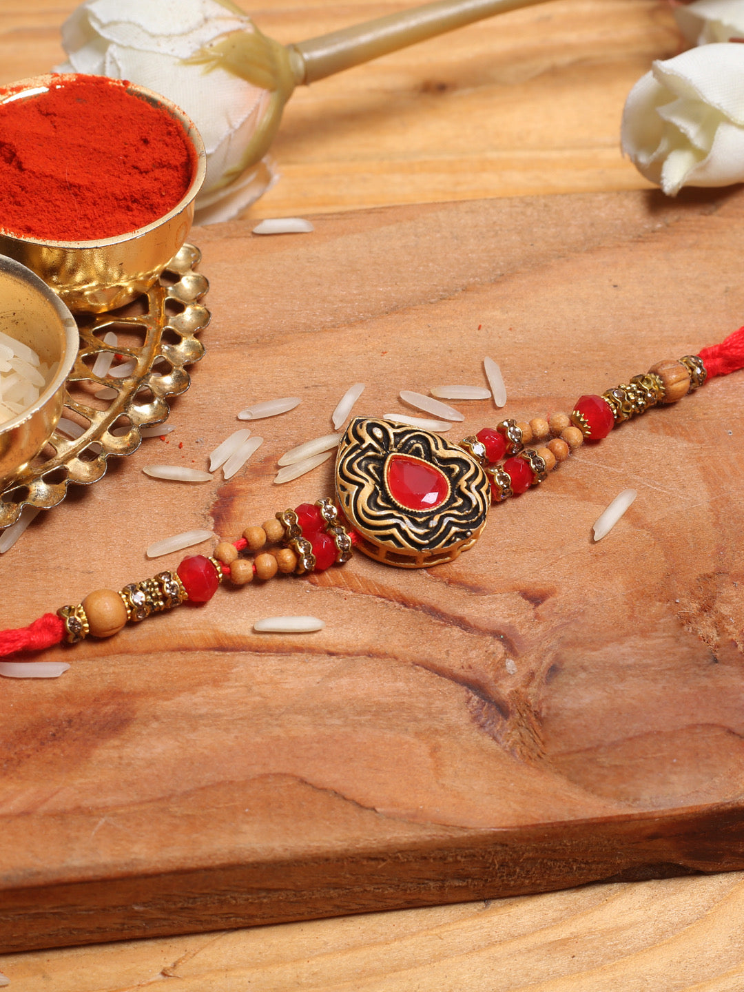 Drop Shape Golden and Red Beaded Rakhi - Default Title (PRS2159)