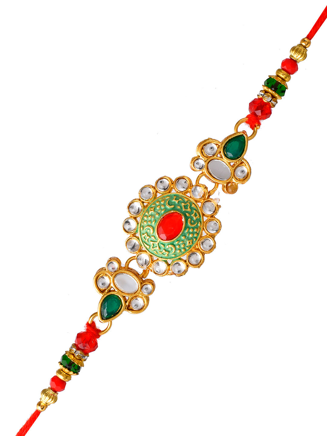 Kundan Polki Handcrafted Traditional Green Rakhi - Only Rakhi (PRS23121)
