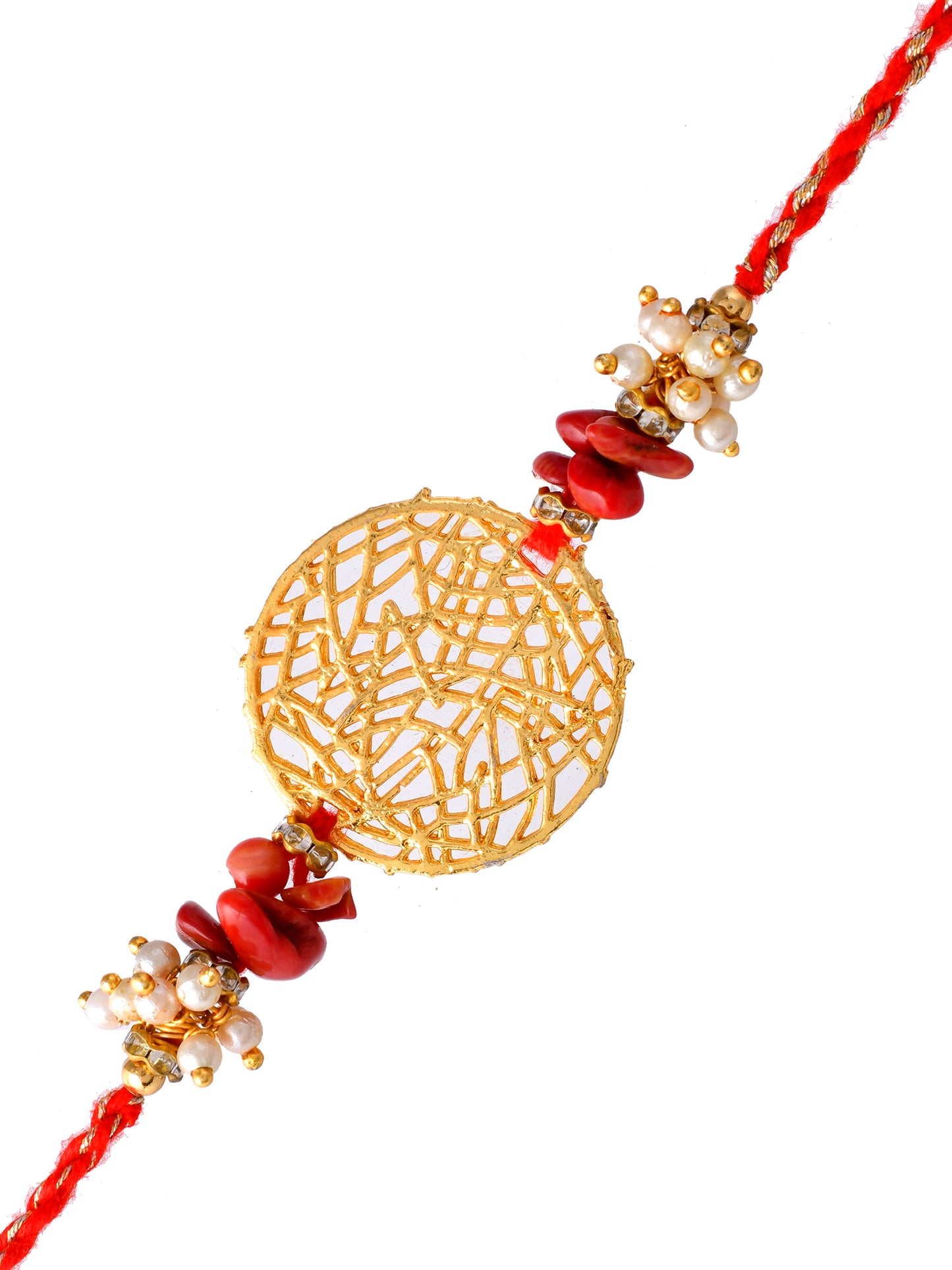 Metal Jaali Cutwork & Pearl Woven Scarlet Rakhi - Only Rakhi (PRS2391)