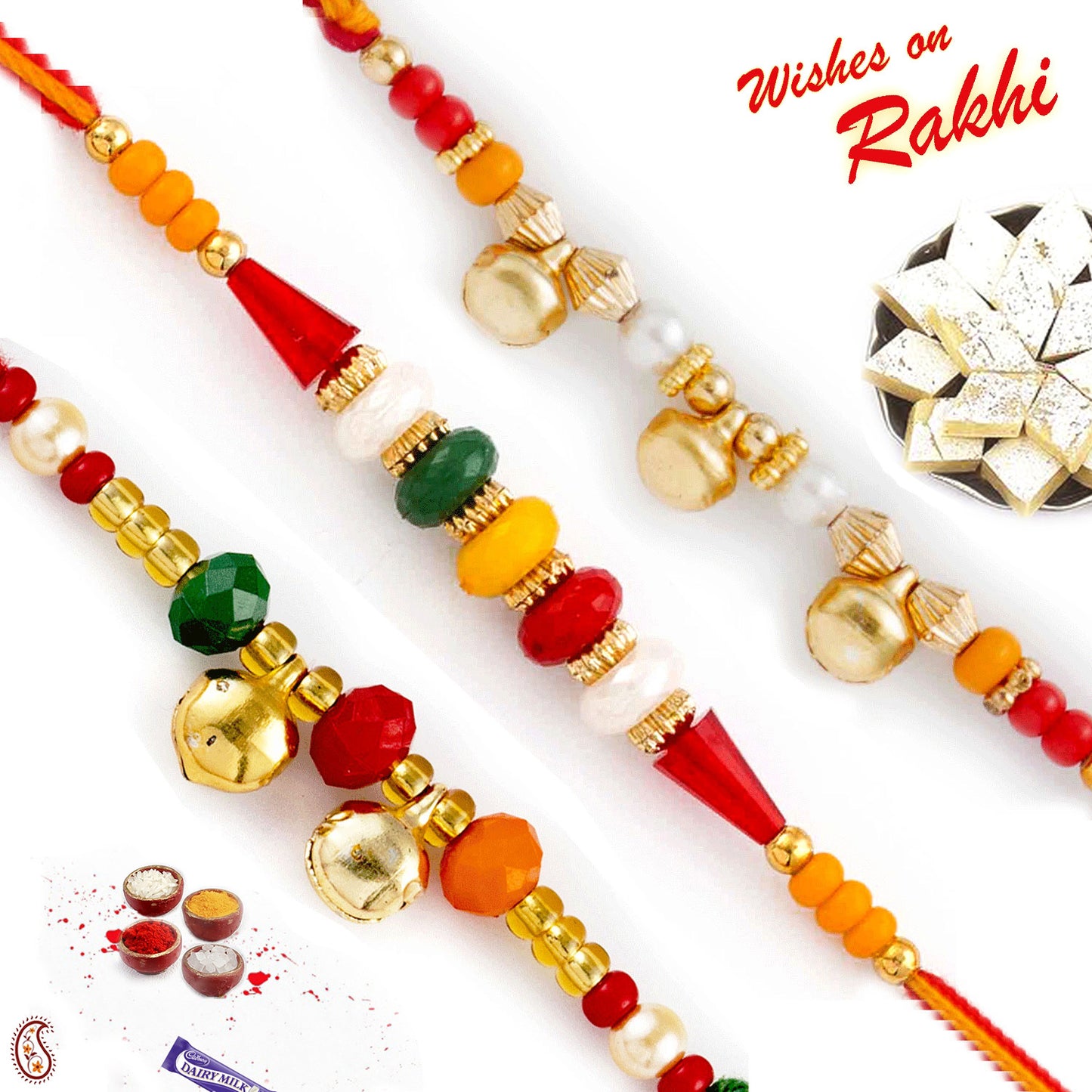 Aapno Rajasthan Set of 3 Mauli Rakhi with Multicolour Beads - Default Title (PST20301)
