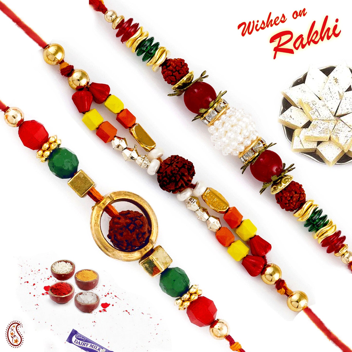 Aapno Rajasthan Set of 3 Auspicious Rudraksh Embellished Mauli Rakhi - Default Title (PST20306)