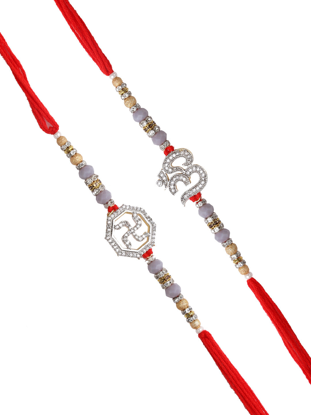 Diamond Embedded Swastika and Om Rakhi Set of Two - Only Rakhi (PST22638_2)