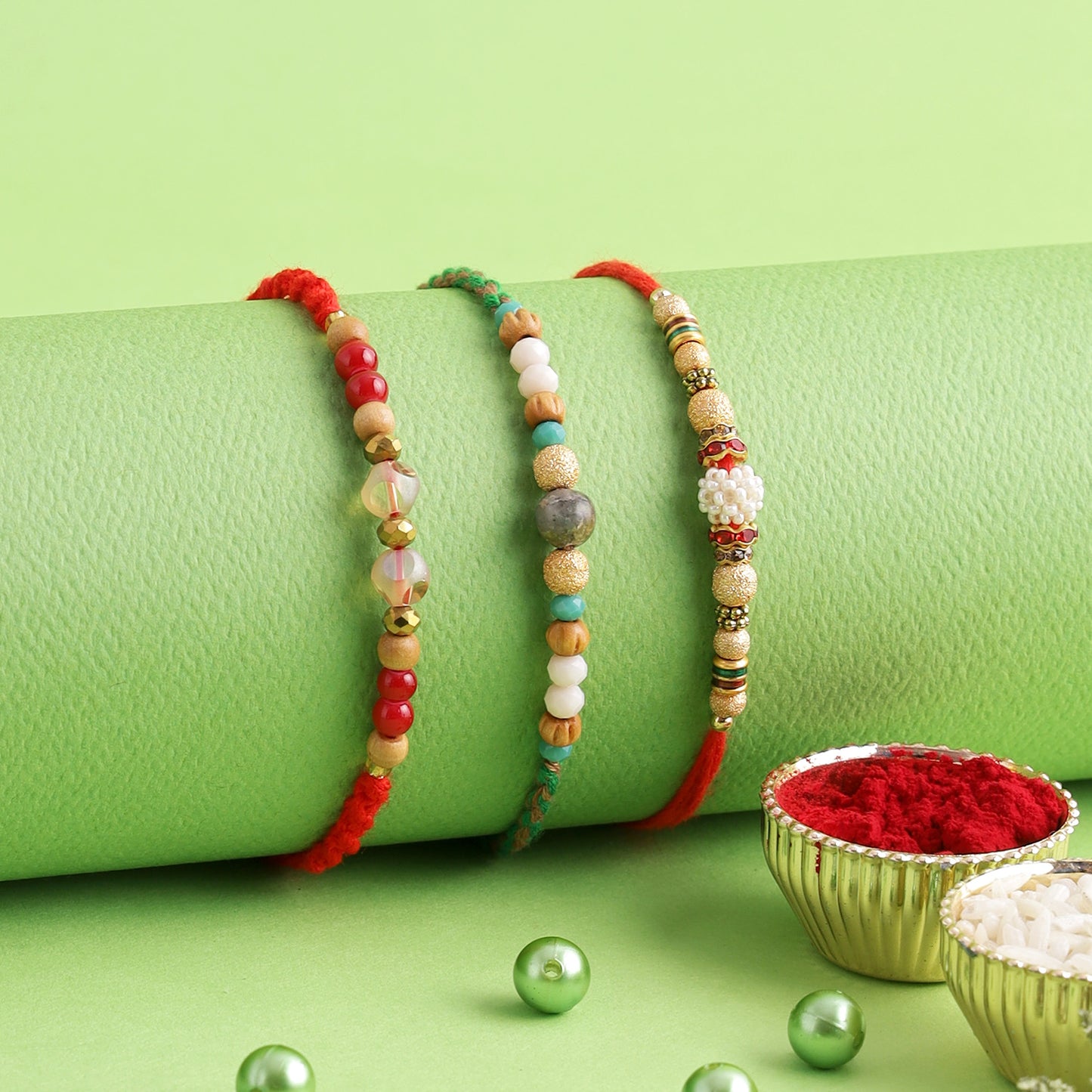 Beautiful Pearl and Beads Set of Three Rakhi - Only Rakhi (PST22746_3)