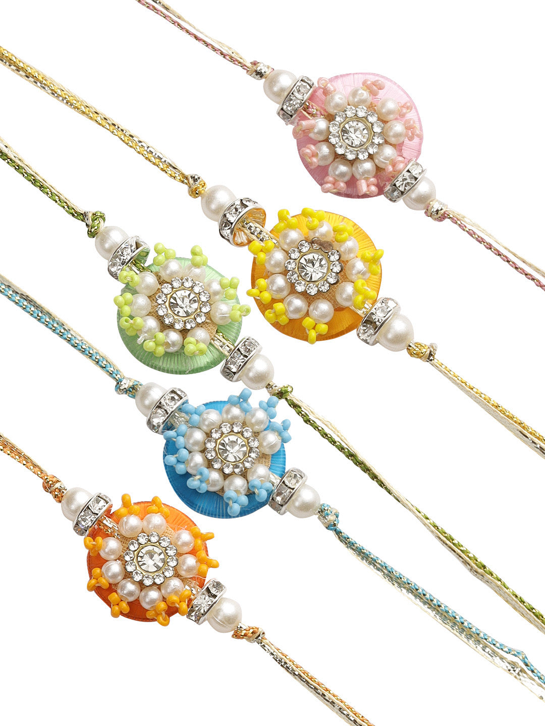 Handcrafted White Pearl Rakhi with Shiny Beads Set of Five - Only Rakhi (PST22804_5)