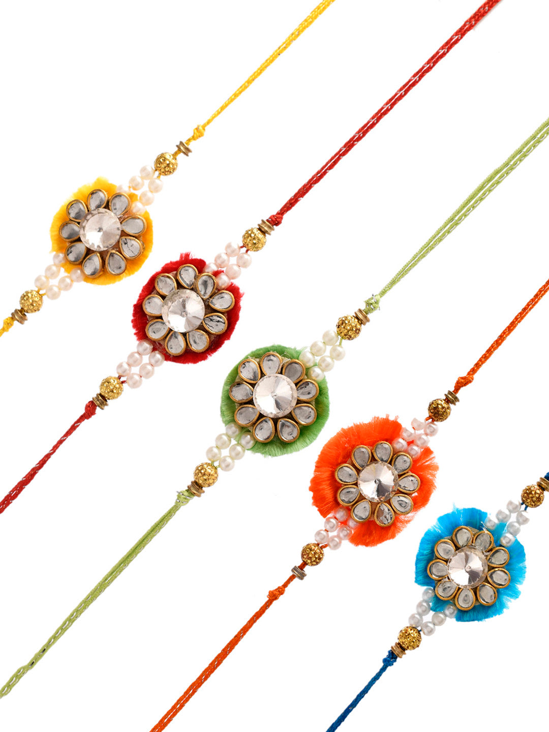 Set Of 5 Kundan & Pearl Crafted Resham Bhaiya Rakhi - Only Rakhi (PST23111_5)