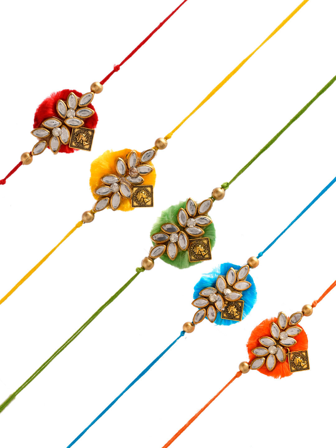 Set Of 5 Kundan & Pearl Crafted Leaf Patterned Bhaiya Rakhi - Only Rakhi (PST23112_5)