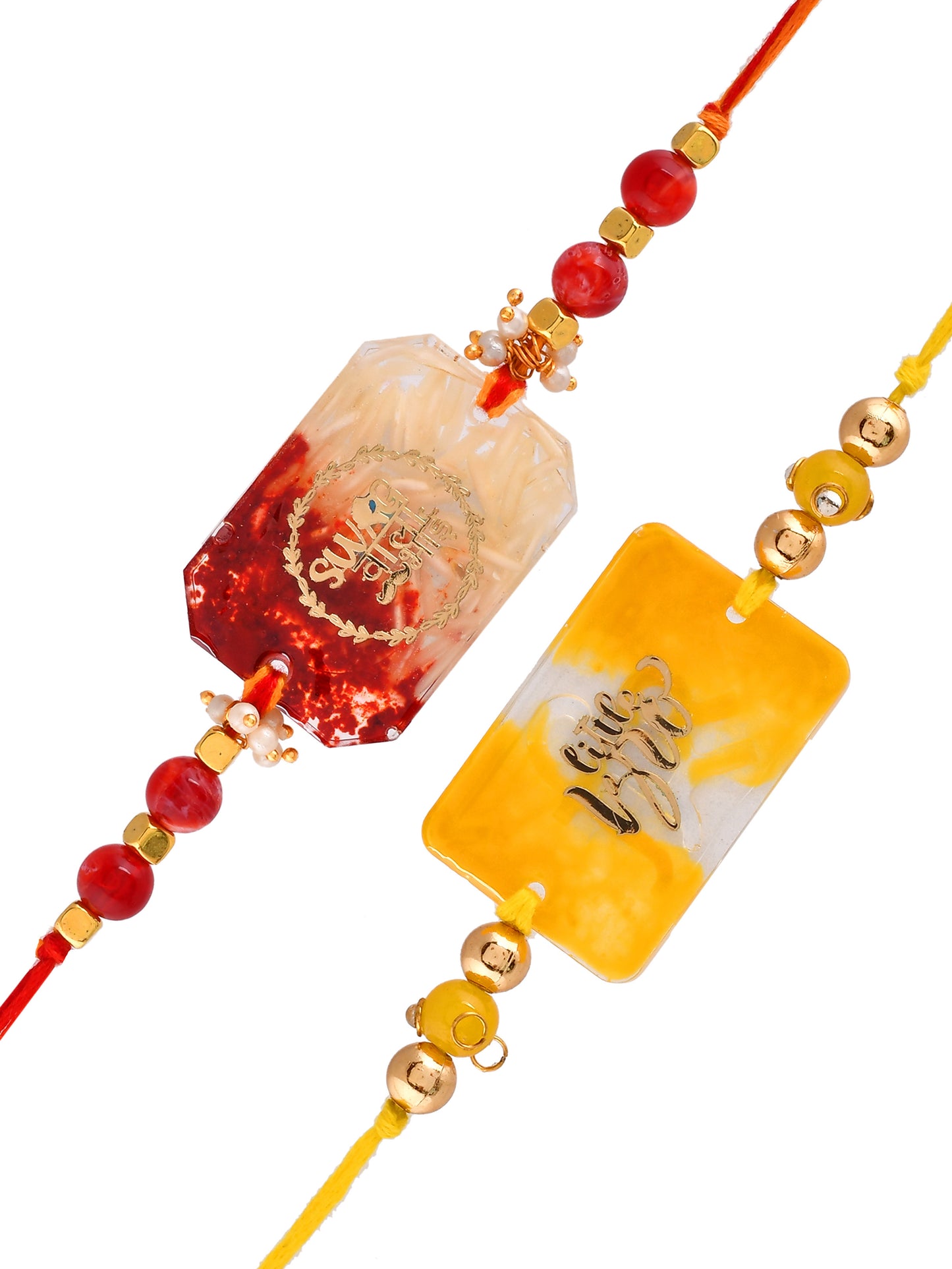 Set Of 2 Red & Yellow ‘Cute Bro and Swag Wala Bhai’ Resin Rakhi - Only Rakhi (PST2328_2)