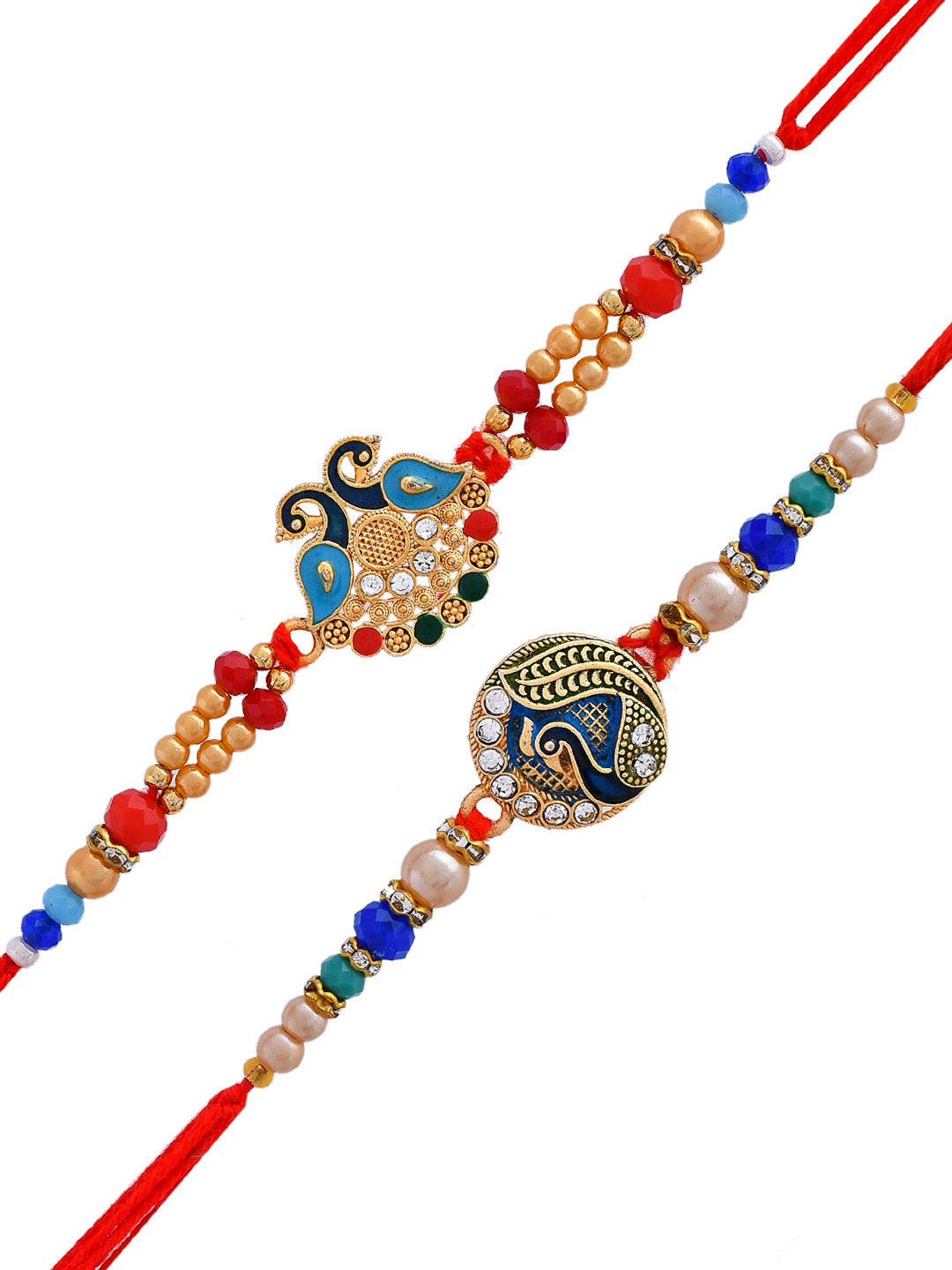Set Of 2 Metal & Swarosvki Engraved Beaded Peacock Rakhi - Only Rakhi (PST2339_2)