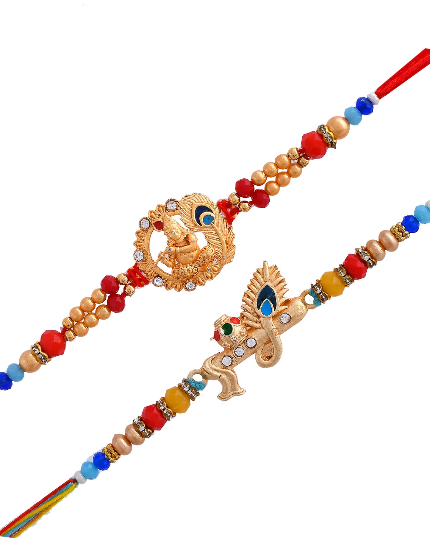 Set Of 2 Metal Engraved Beaded Krishna and Flute Rakhi - Only Rakhi (PST2340_2)