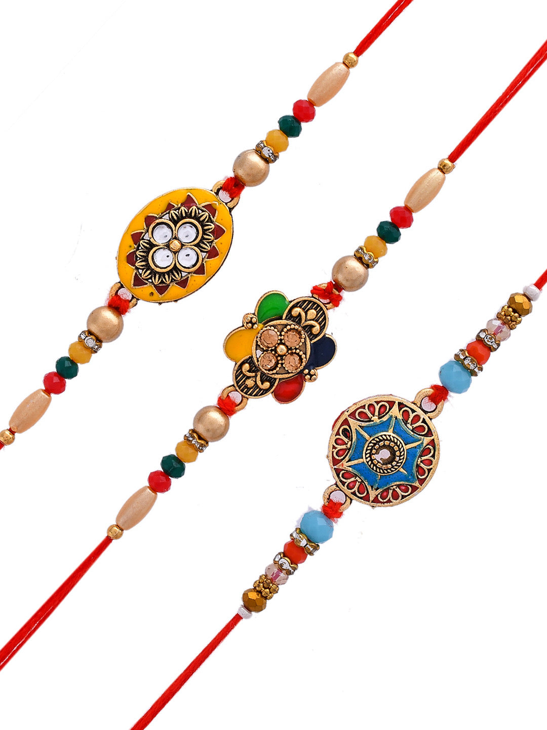 Set Of 3 Metal & Ceramic Engraved Beaded Bhaiya Rakhi - Only Rakhi (PST2374_3)