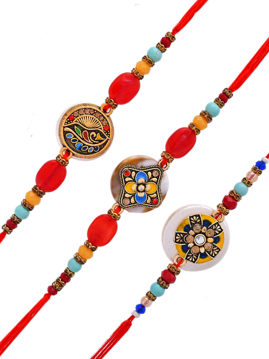 Set Of 3 Embellished Resin Based Colourful Antique Rakhi - Only Rakhi (PST2378_3)