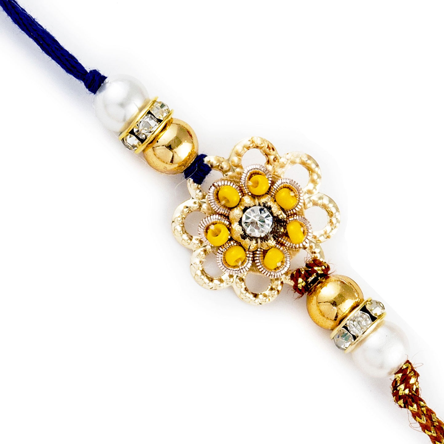 Aapno Rajasthan Yellow Beads & AD Embellished Floral Motif Rakhi - Default Title (RB17650)