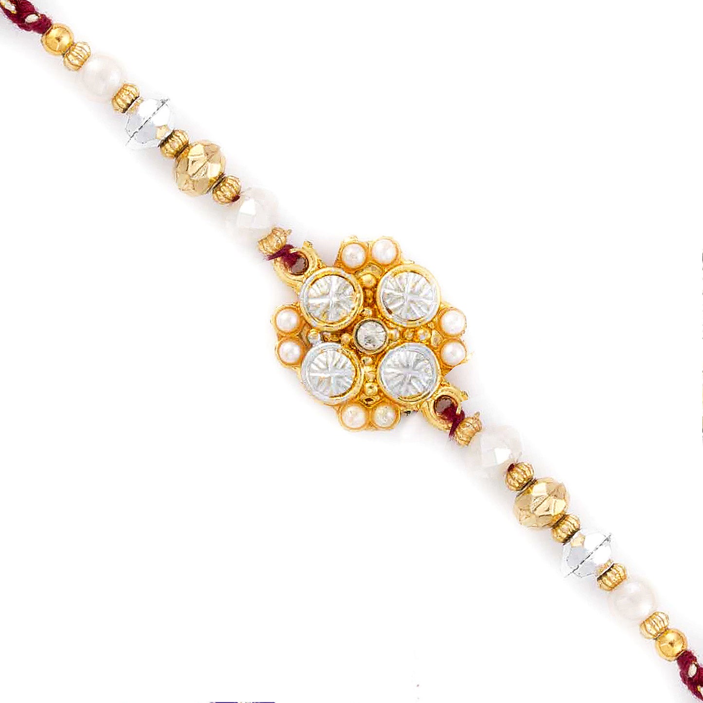 Aapno Rajasthan White & Golden Beads Floral Pattern Rakhi - Default Title (RJ17346)