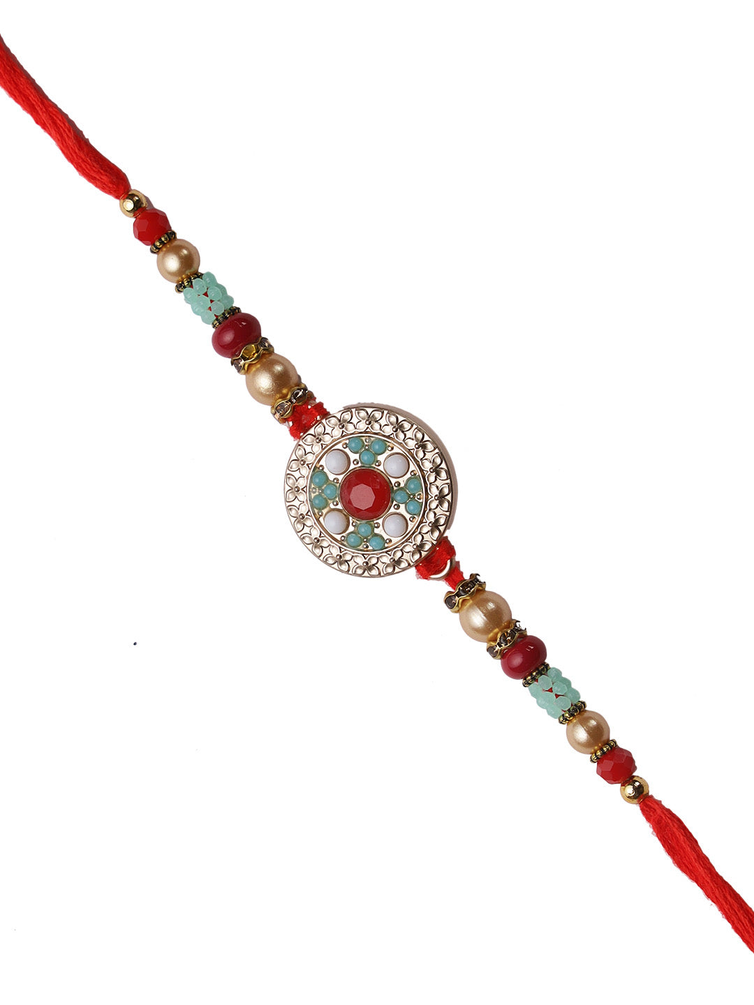 Turquoise Coral and Golden Beads Traditional Rakhi - Only Rakhi (RJ22142)