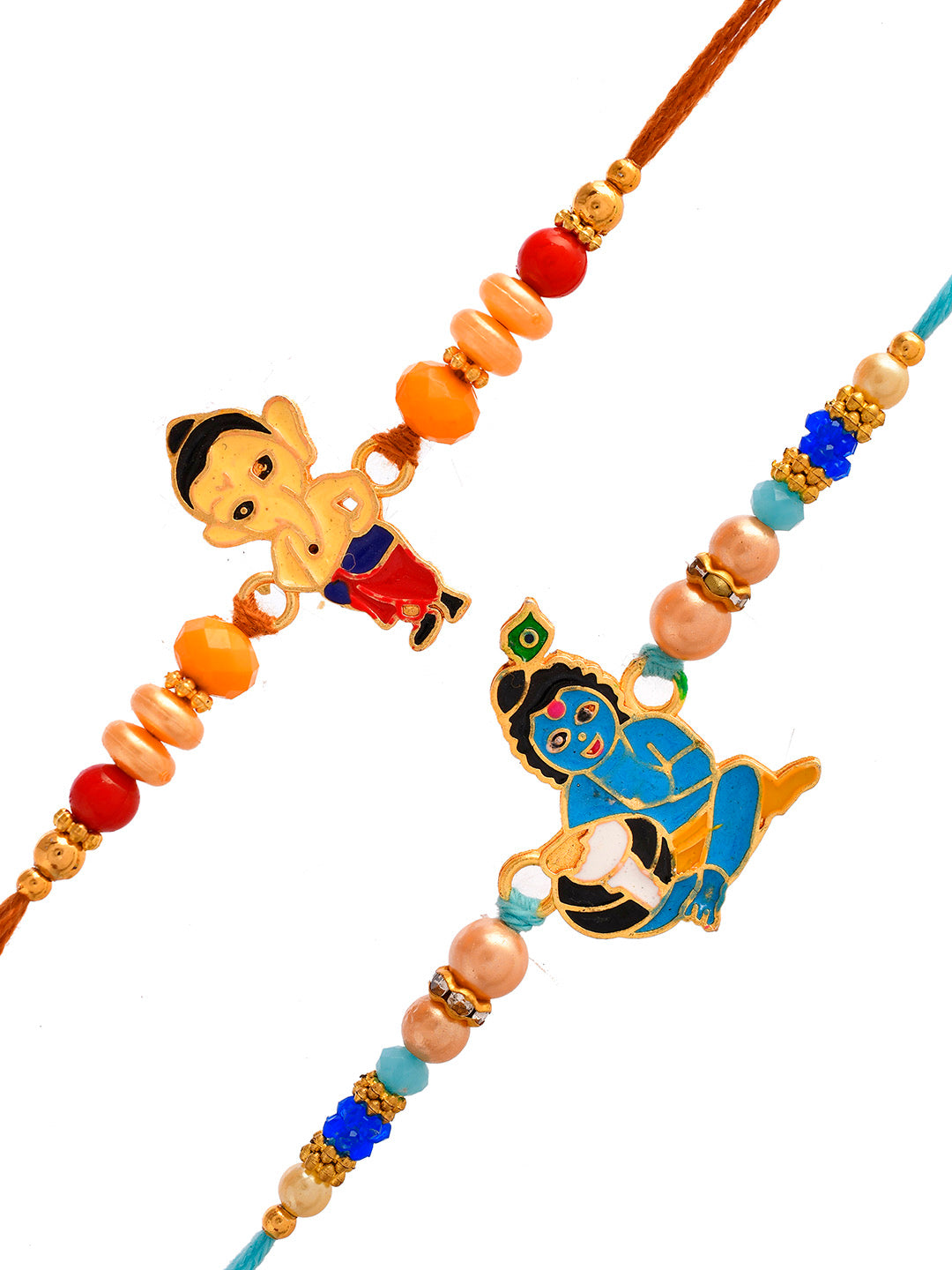 Set Of 2 Orange & Blue Metal Painted Krishna & Ganesha Divine Rakhi - Only Rakhi (RK2341_2)