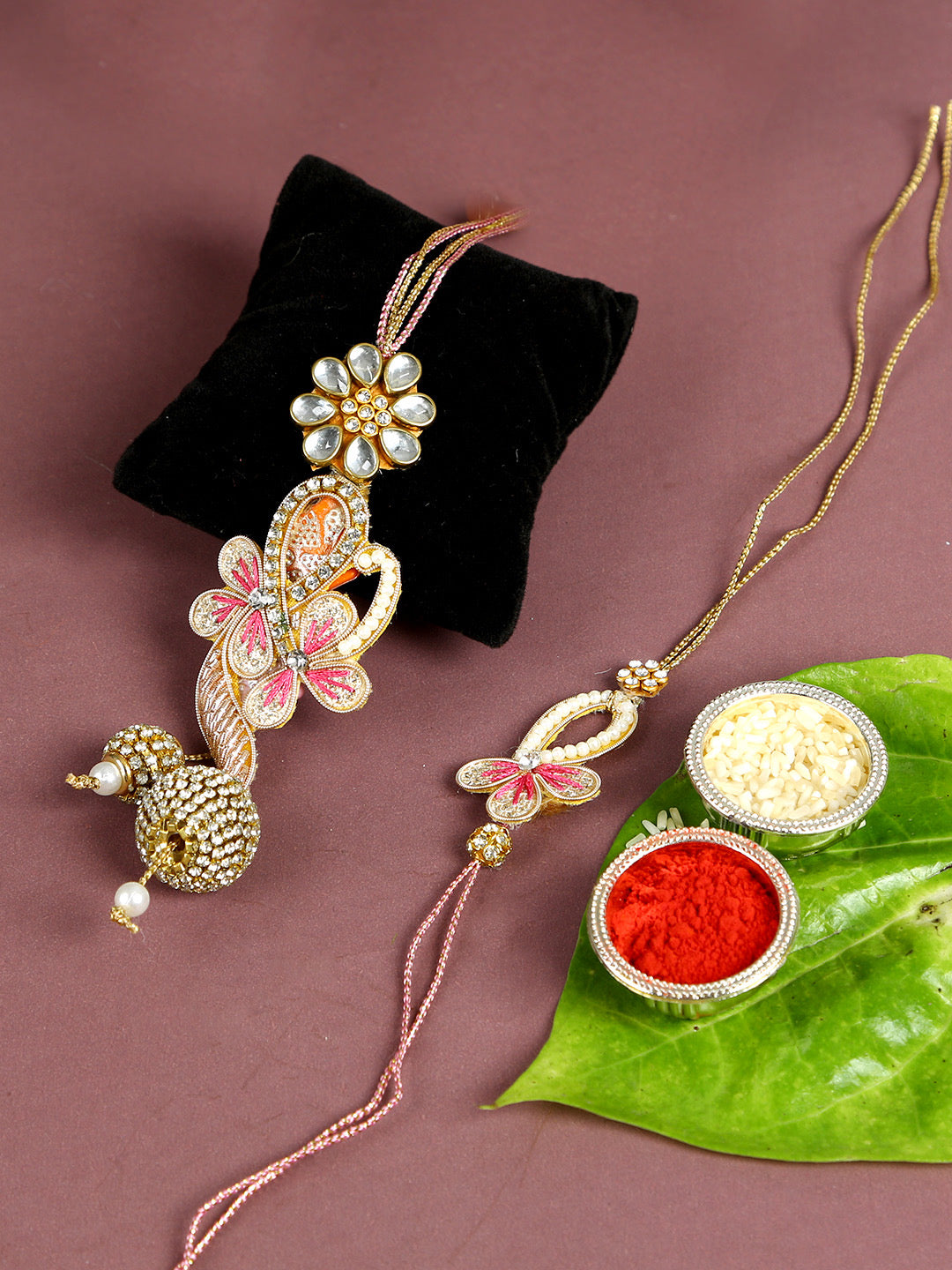 Bhaiya Bhabhi Traditional Rakhi Set With Dreamy Floral and Zardosi Work - Default Title (RP2101)