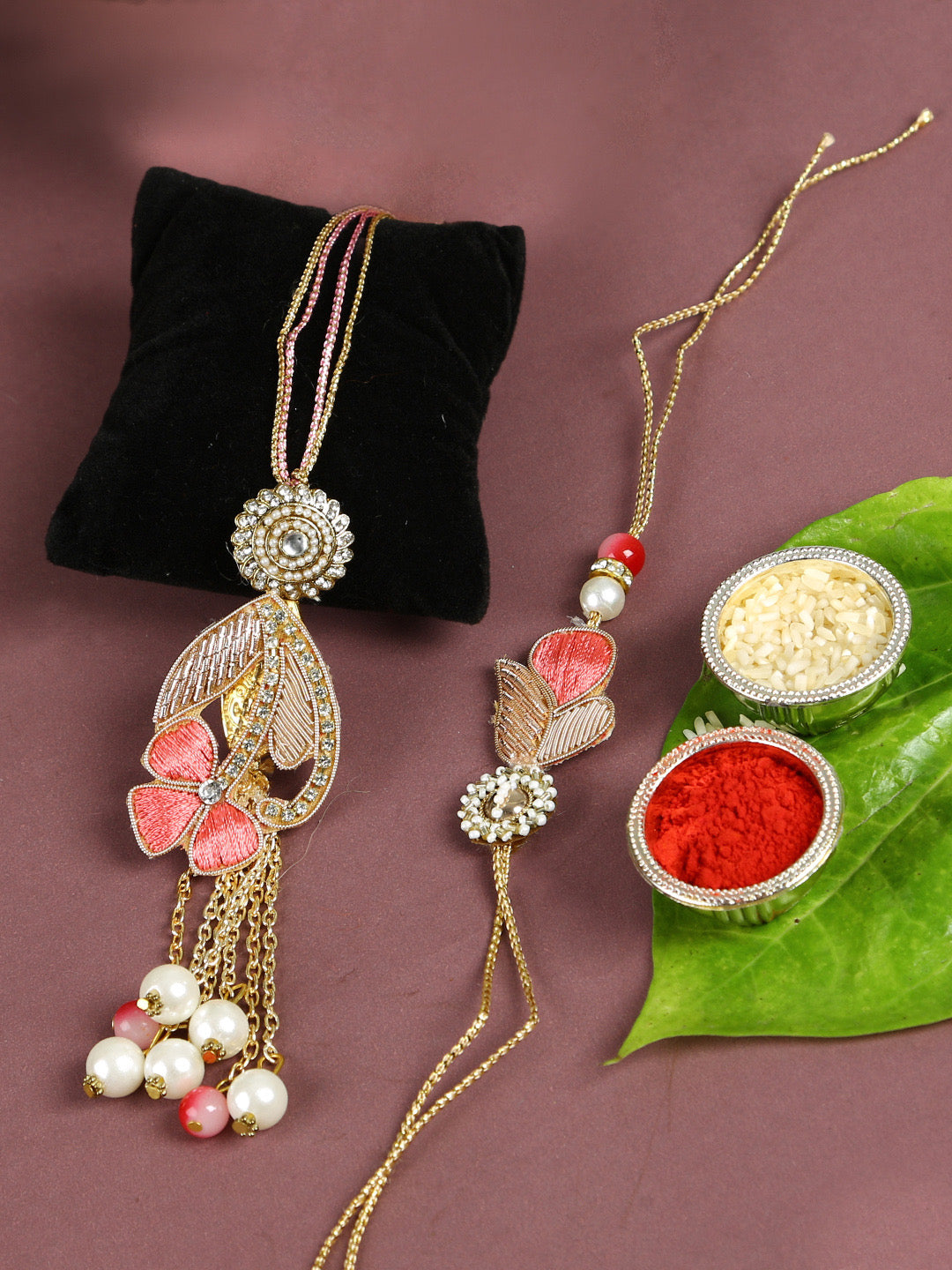 Golden and Pink Zardosi Work Bhaiya Bhabhi Traditional Rakhi Set - Default Title (RP2102)