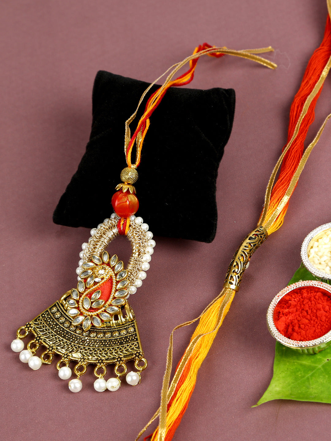 Bhaiya Bhabhi Mauli Rakhi with Creative Metal Work and Embellished Beads - Default Title (RP2108)