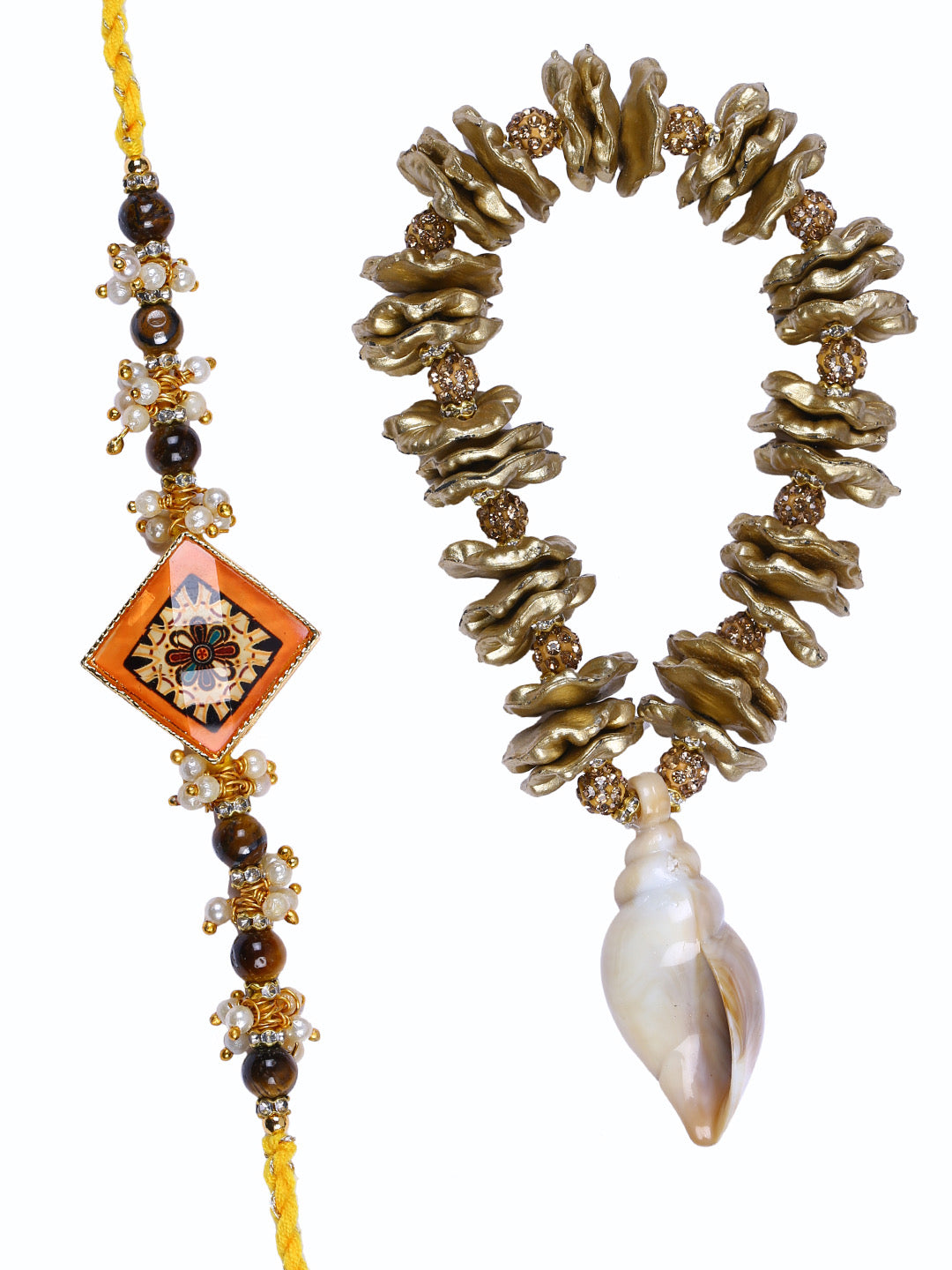 Traditional Shell and Uncut Stones Paired Bhaiya Bhabhi Rakhi set - Only Rakhi (RP22481)