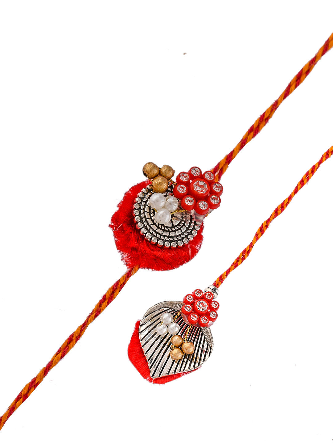 Traditional Silver Crafted Red Resham Bhaiya Bhabhi Rakhi Set - Only Pair (RP2302)
