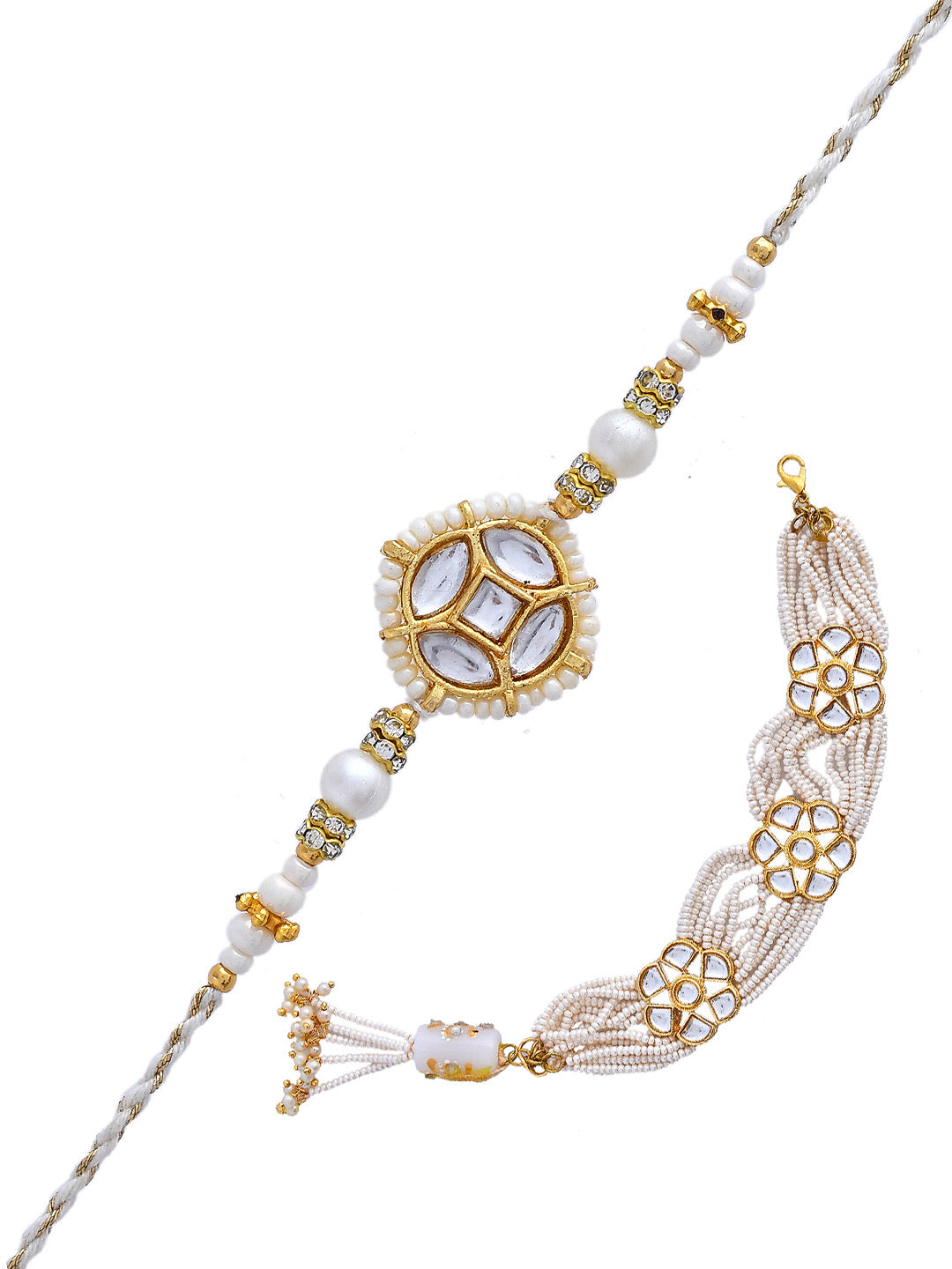 Dazzling White Pearl & Mirror Work Exclusive Bhaiya Bhabhi Rakhi - Only Rakhi (RP23105)