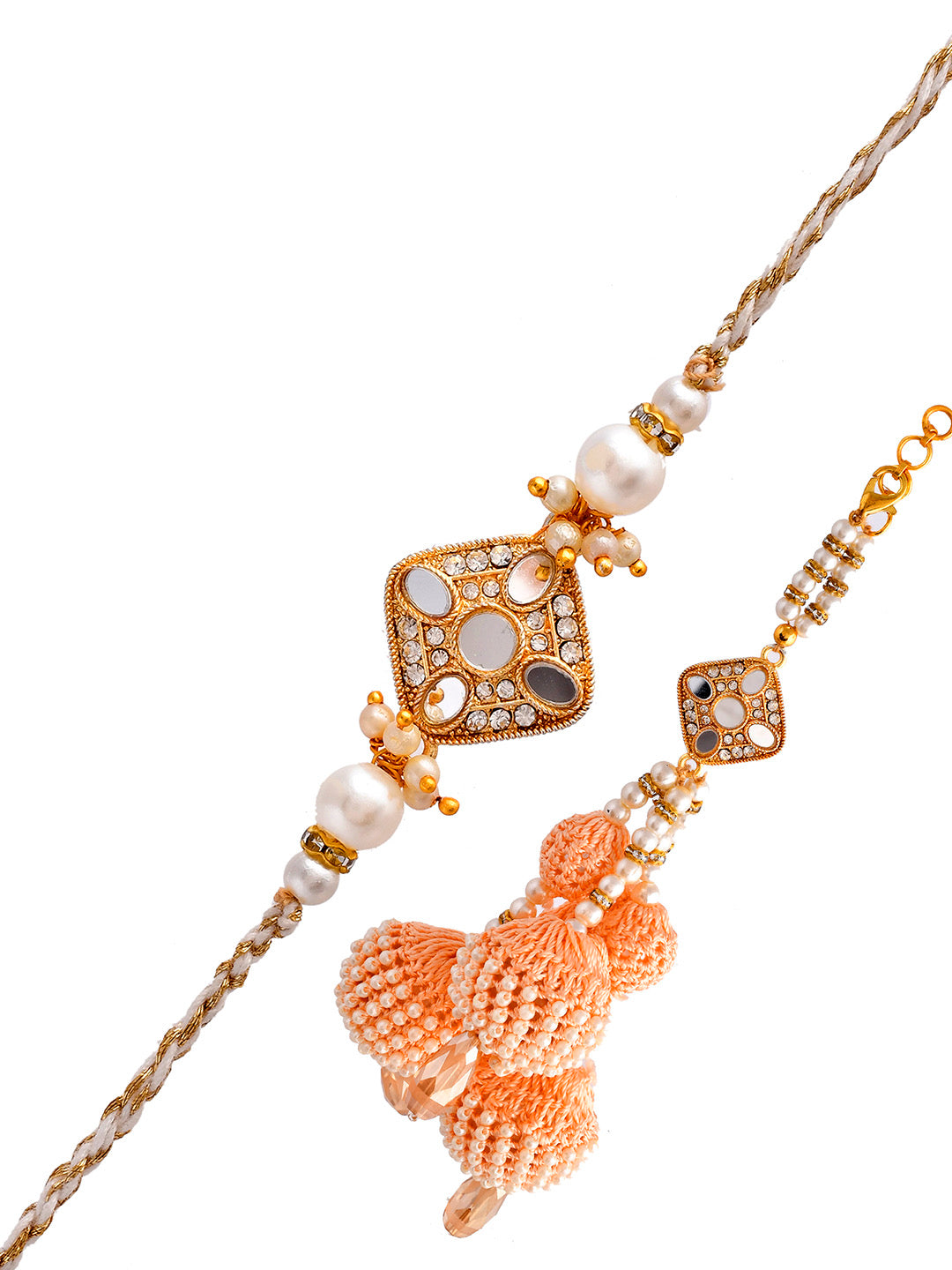 Embellished Metal With Dropped Pearl Balls Bhaiya Bhabhi Rakhi Set. - Only Rakhi (RP23108)