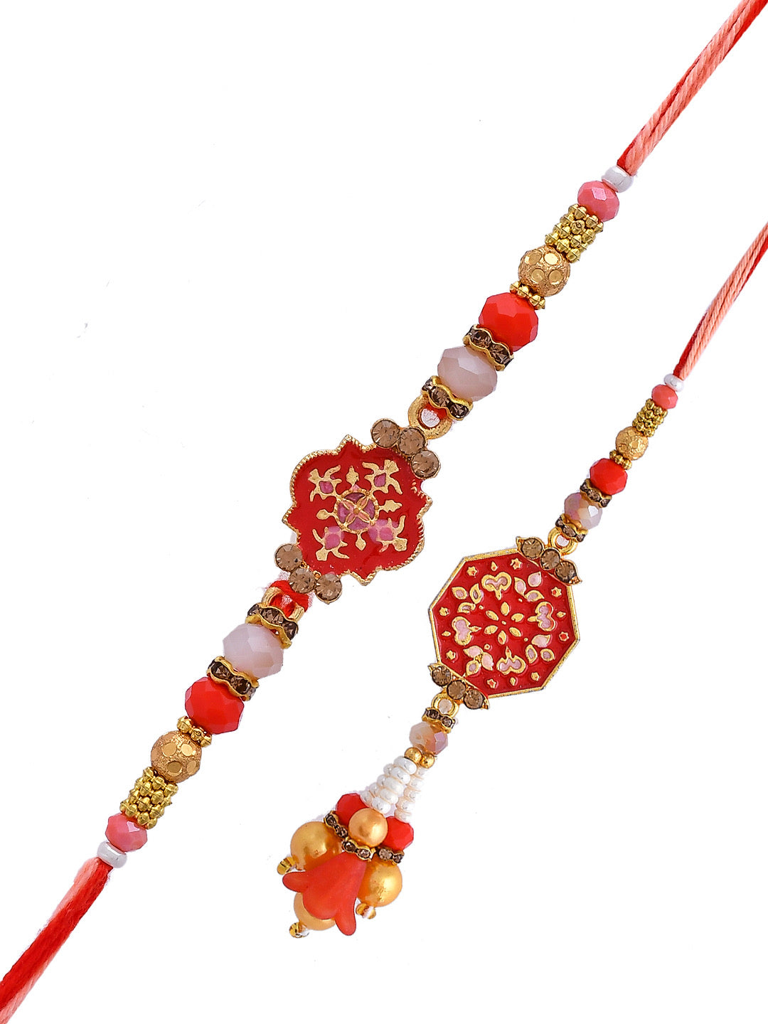 Scarlet Red Enamled Vibrant Bhaiya Bhabhi Rakhi with Danglers - Only Rakhi (RP23137)