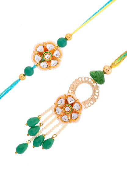 Exquisite Kundan Crafted & Pearl Hanging Bhaiya Bhabhi Rakhi Set with a Beautiful Box