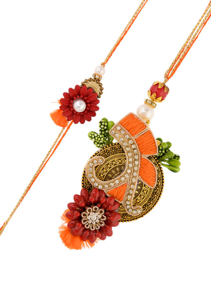 Red Floral Beauttifully designed Bhaiya Bhabhi Rakhi with a Beautiful Box