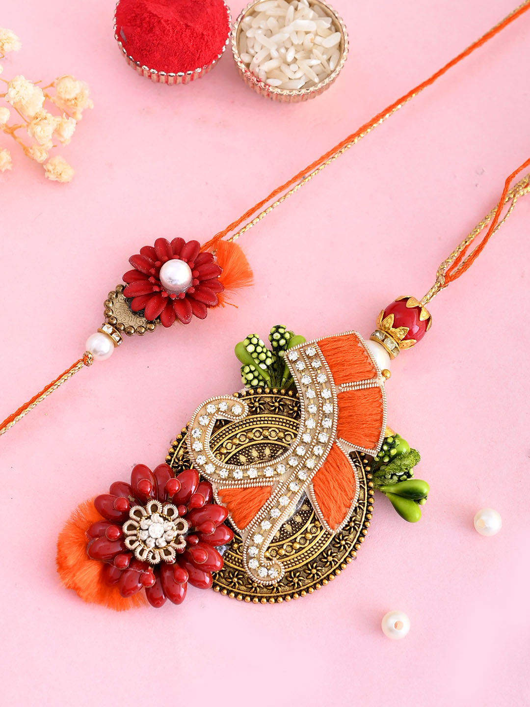 Red Floral Beauttifully designed Bhaiya Bhabhi Rakhi with a Beautiful Box