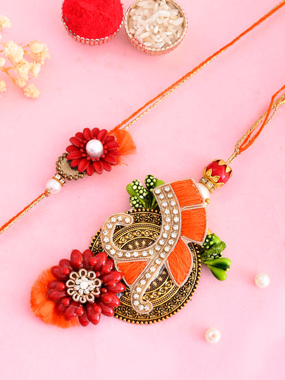 Red Floral Beauttifully designed Bhaiya Bhabhi Rakhi with a Beautiful Box