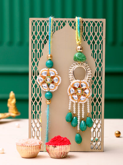 Exquisite Kundan Crafted & Pearl Hanging Bhaiya Bhabhi Rakhi Set with a Beautiful Box