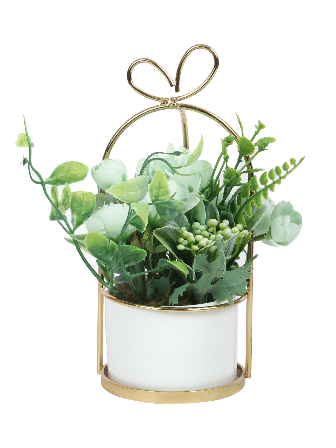 Green Arficial Plant with Grey Color Flowers and Pot Stand