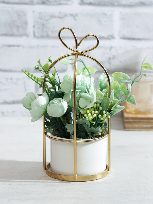 Green Arficial Plant with Grey Color Flowers and Pot Stand