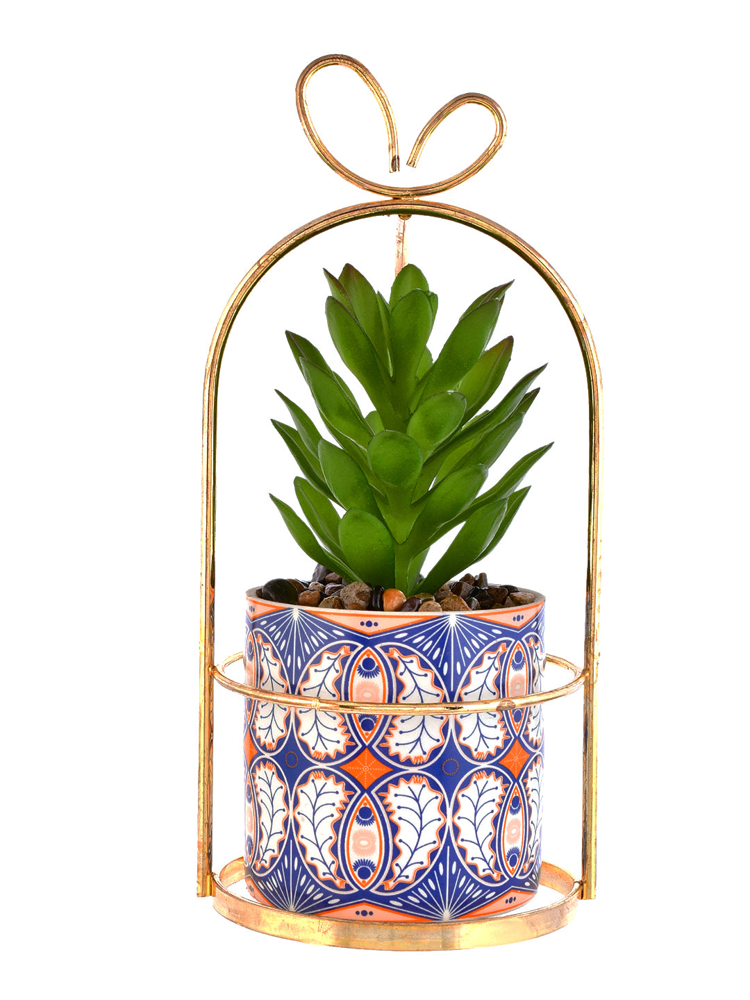 Artificial Plant with Ceramic Planter in a Golden Basket