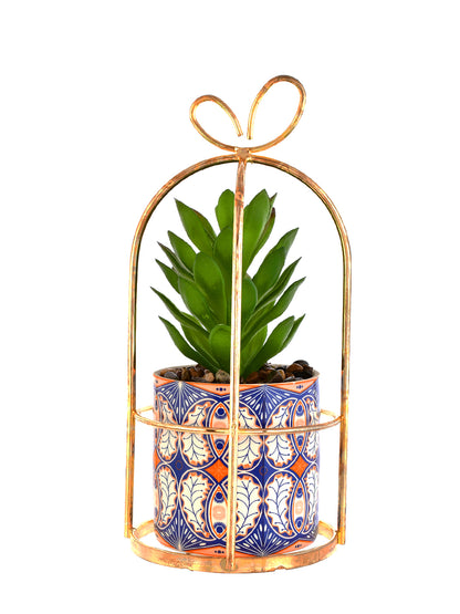 Artificial Plant with Ceramic Planter in a Golden Basket