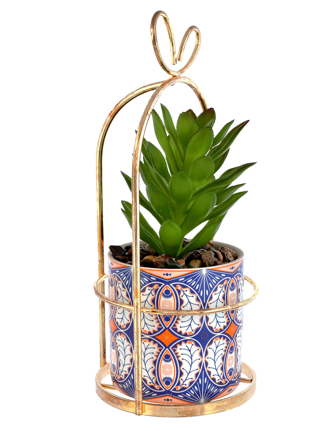 Artificial Plant with Ceramic Planter in a Golden Basket