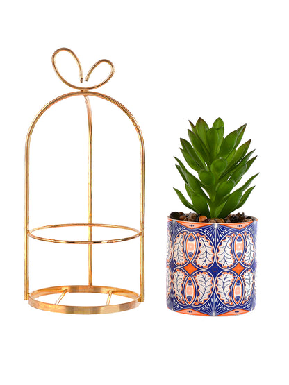 Artificial Plant with Ceramic Planter in a Golden Basket